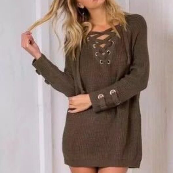 Women Sweater woman Sweaters V Neck Mesh Lace Up Sweater Striped Bandage Cross Links Tops Casual Loose Jumper