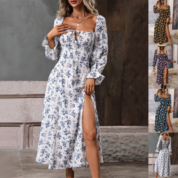 Flowers Printing Long Sleeve Dress Fashion Square-neck Bottom Slit Dresses Womens Clothing