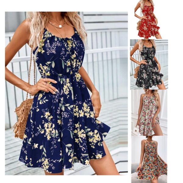 Floral Print Suspender Dress With Elastic Waist Design Fashion Summer Short Dresses Womens Clothing